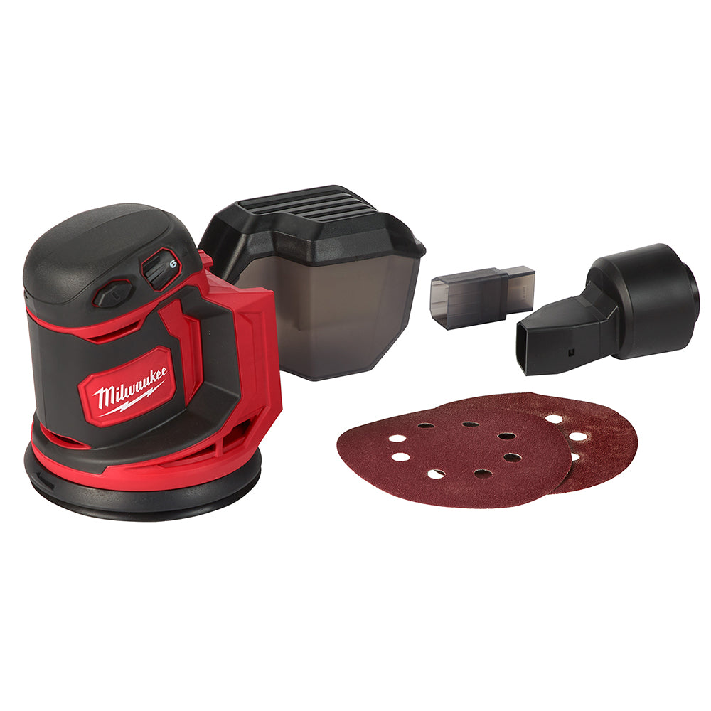 Milwaukee M18 random orbit sander in red and black with dust collection bag, sanding pads, and accessories.
