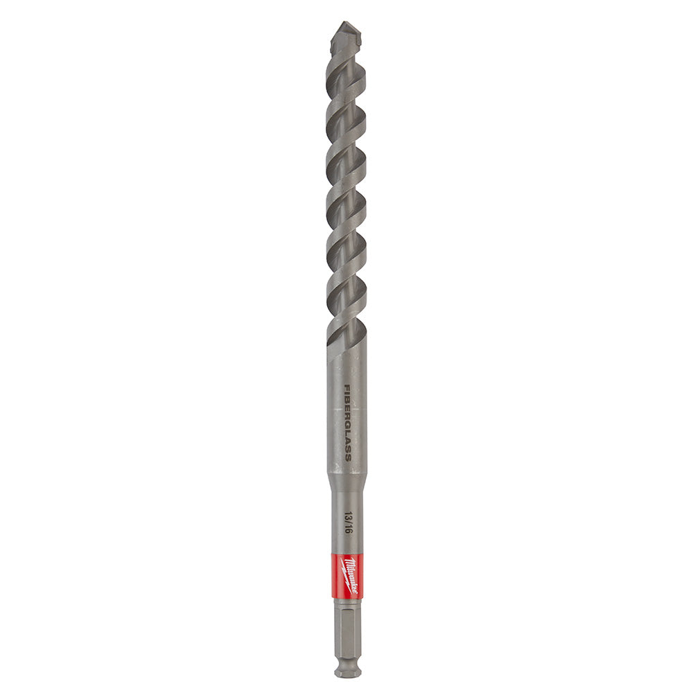 Gray spiral drill bit with red band near hex shank end, pointed tip at top, full length view against white background.
