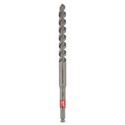 Gray spiral drill bit with red band near hex shank end, pointed tip at top, full length view against white background.