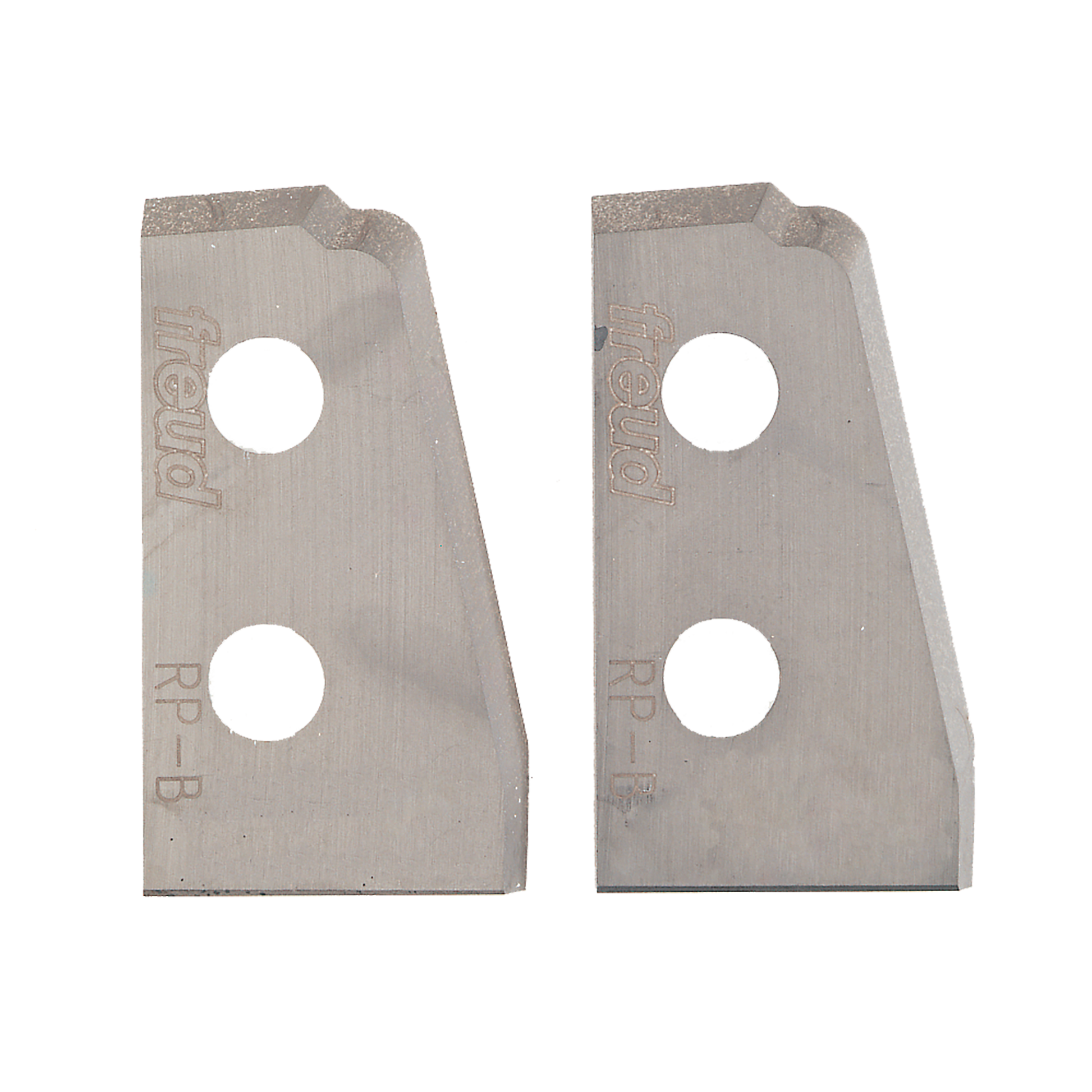 Two metal router knife blades with curved profiles, mounting holes, and Freud branding.