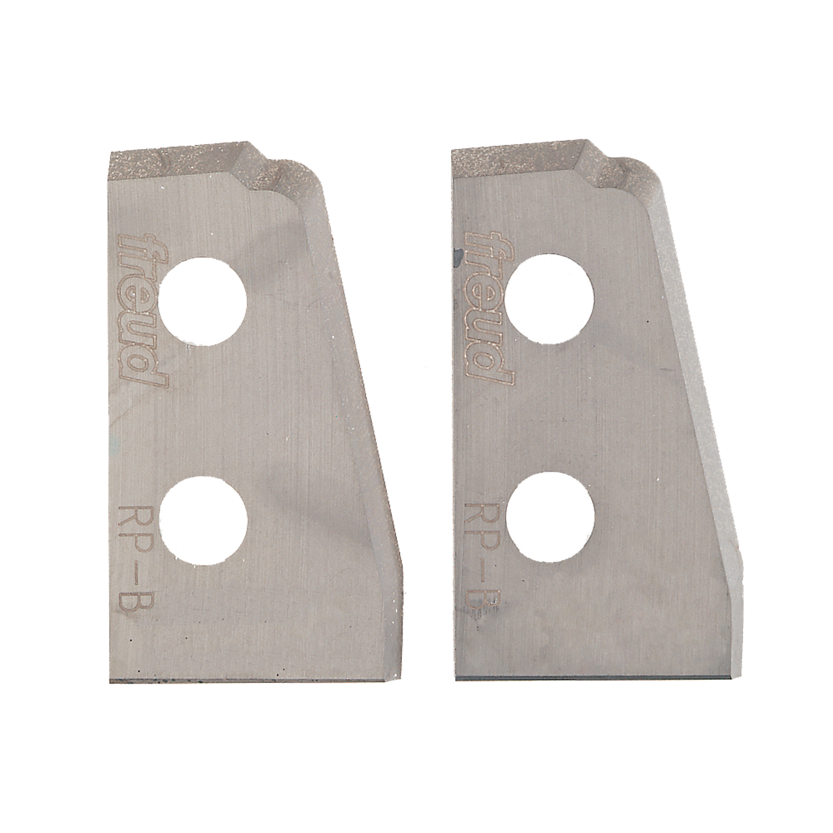 Two metal router knife blades with curved profiles, mounting holes, and Freud branding.