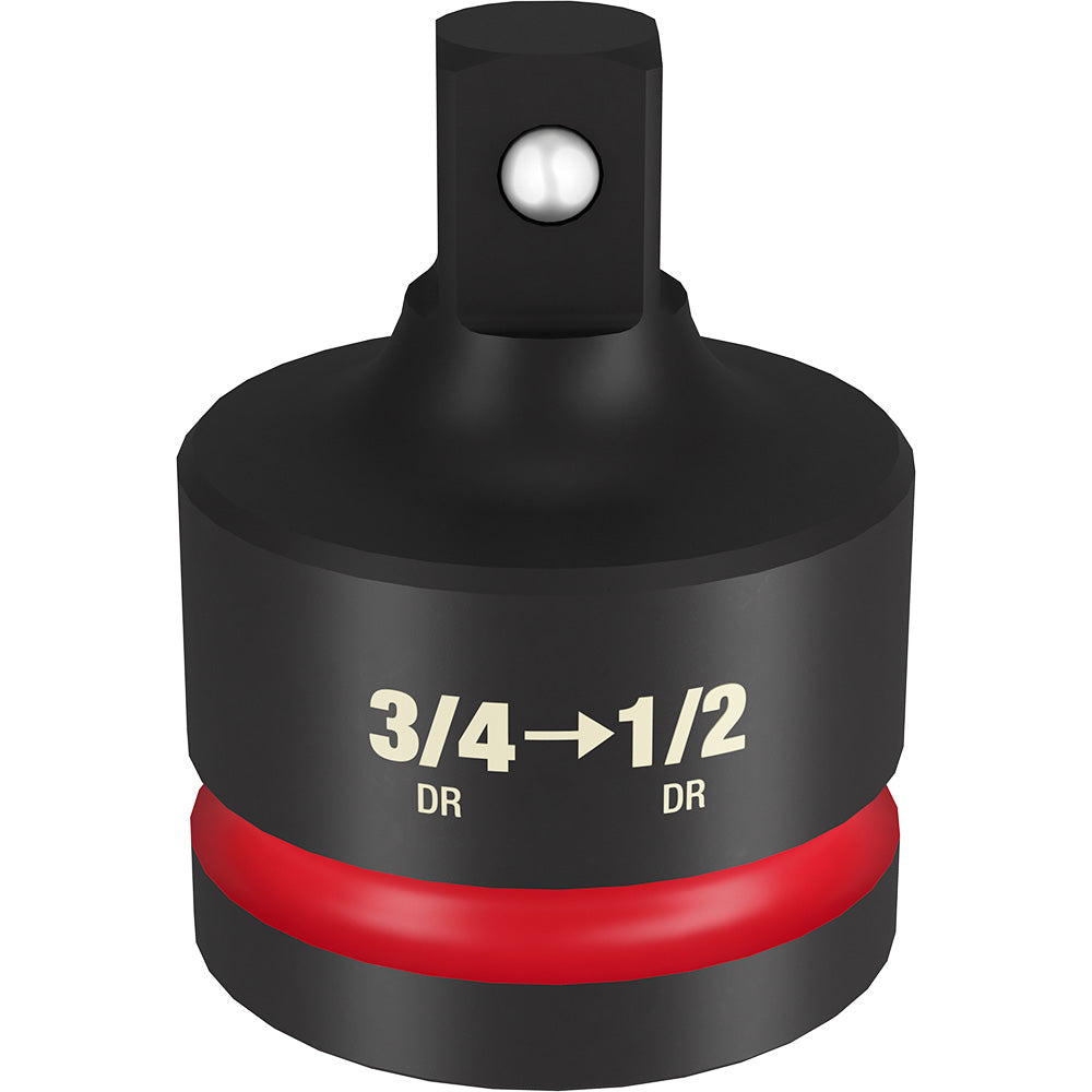 Black socket adapter with red band marked "3/4→1/2 DR" and metal ball detent on top.