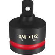 Black socket adapter with red band marked "3/4→1/2 DR" and metal ball detent on top.