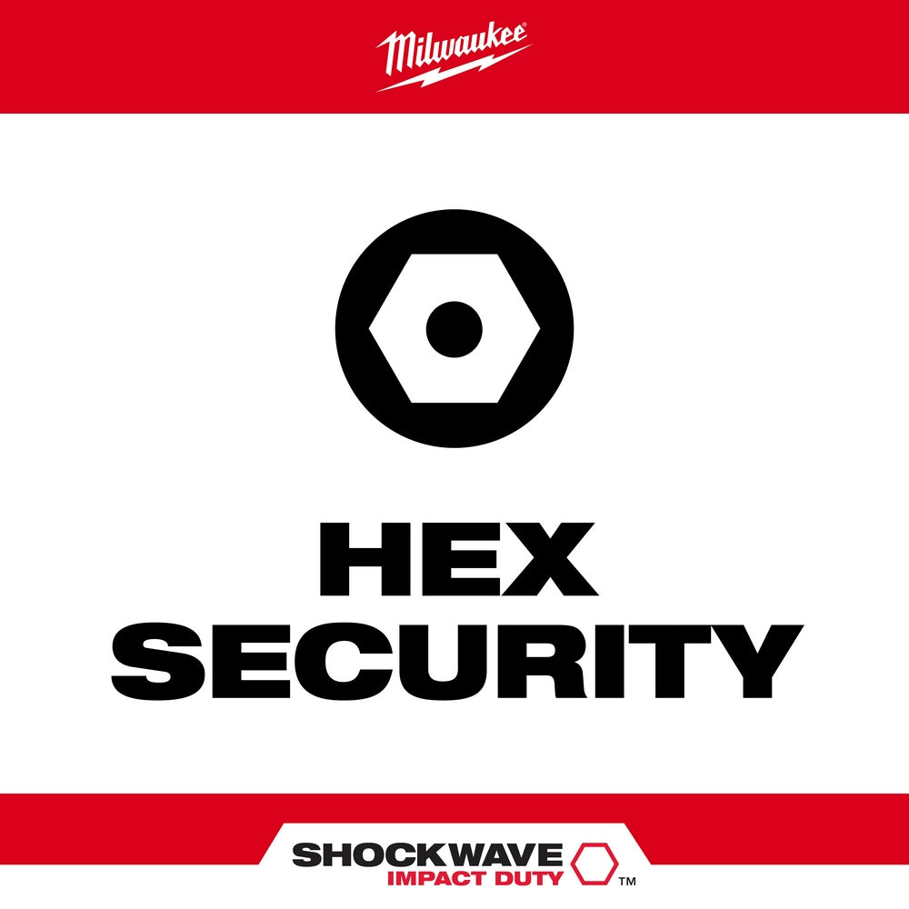 Milwaukee Shockwave Impact Duty hex security insert bit set packaging with logo and product branding displayed.