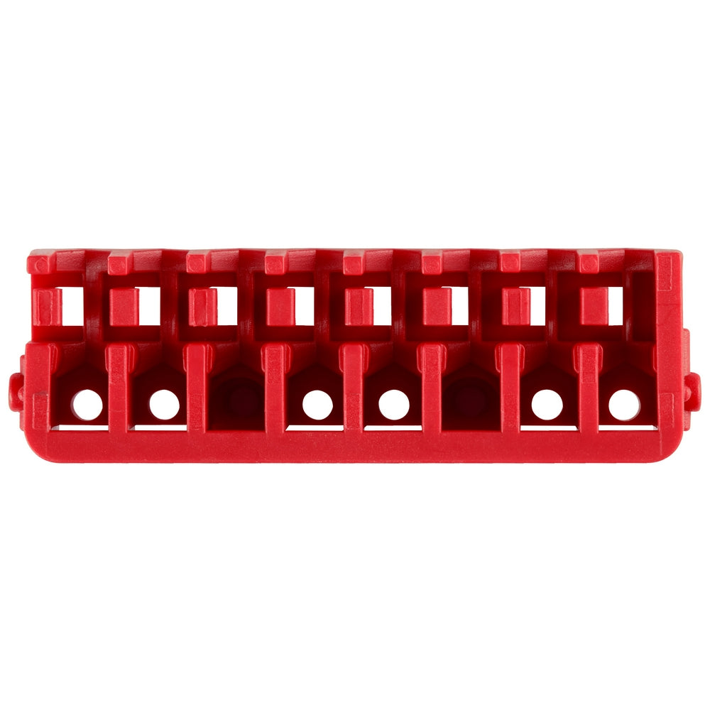 Five red plastic storage case rows with compartments and circular pegs for organizing impact driver accessories.