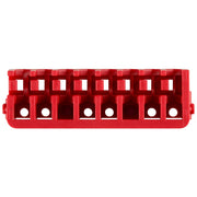 Five red plastic storage case rows with compartments and circular pegs for organizing impact driver accessories.