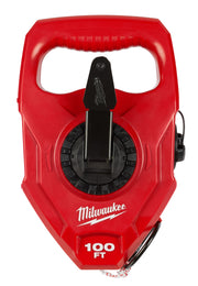 Red chalk reel with black center spool, ribbed grip handle, and 100 ft capacity marking on bottom.