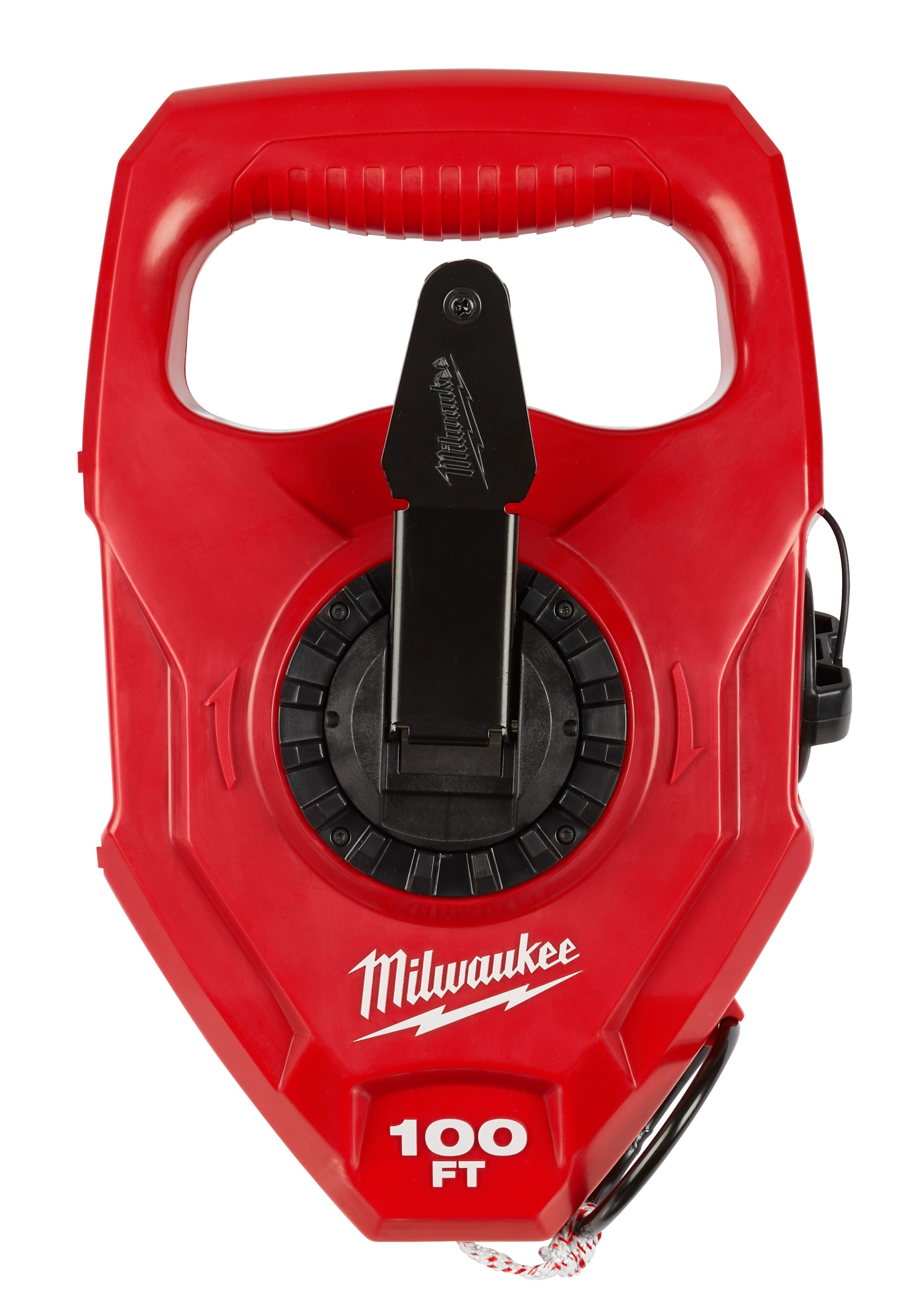 Red chalk reel with black center spool, ribbed grip handle, and 100 ft capacity marking on bottom.