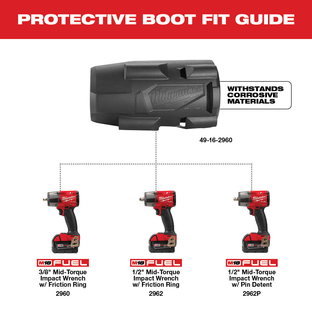 Black protective rubber boot with Milwaukee branding, designed to fit M18 FUEL mid-torque impact wrenches.