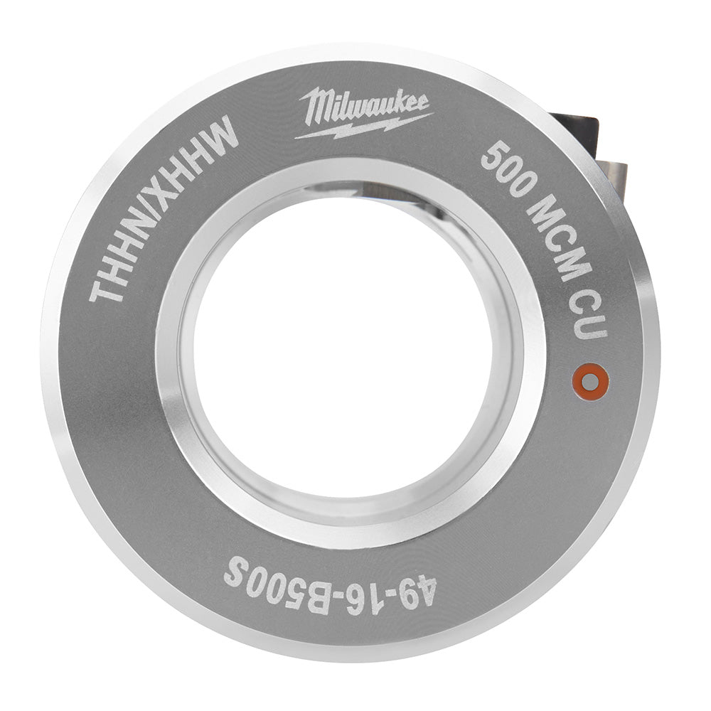 Round gray metal bushing with central white ring, marked "THHN/XHHW" and "500 MCM CU" with Milwaukee logo.