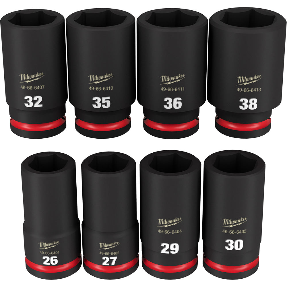Eight black Milwaukee deep sockets with red bands, sized 26, 27, 29, 30, 32, 35, 36, and 38.