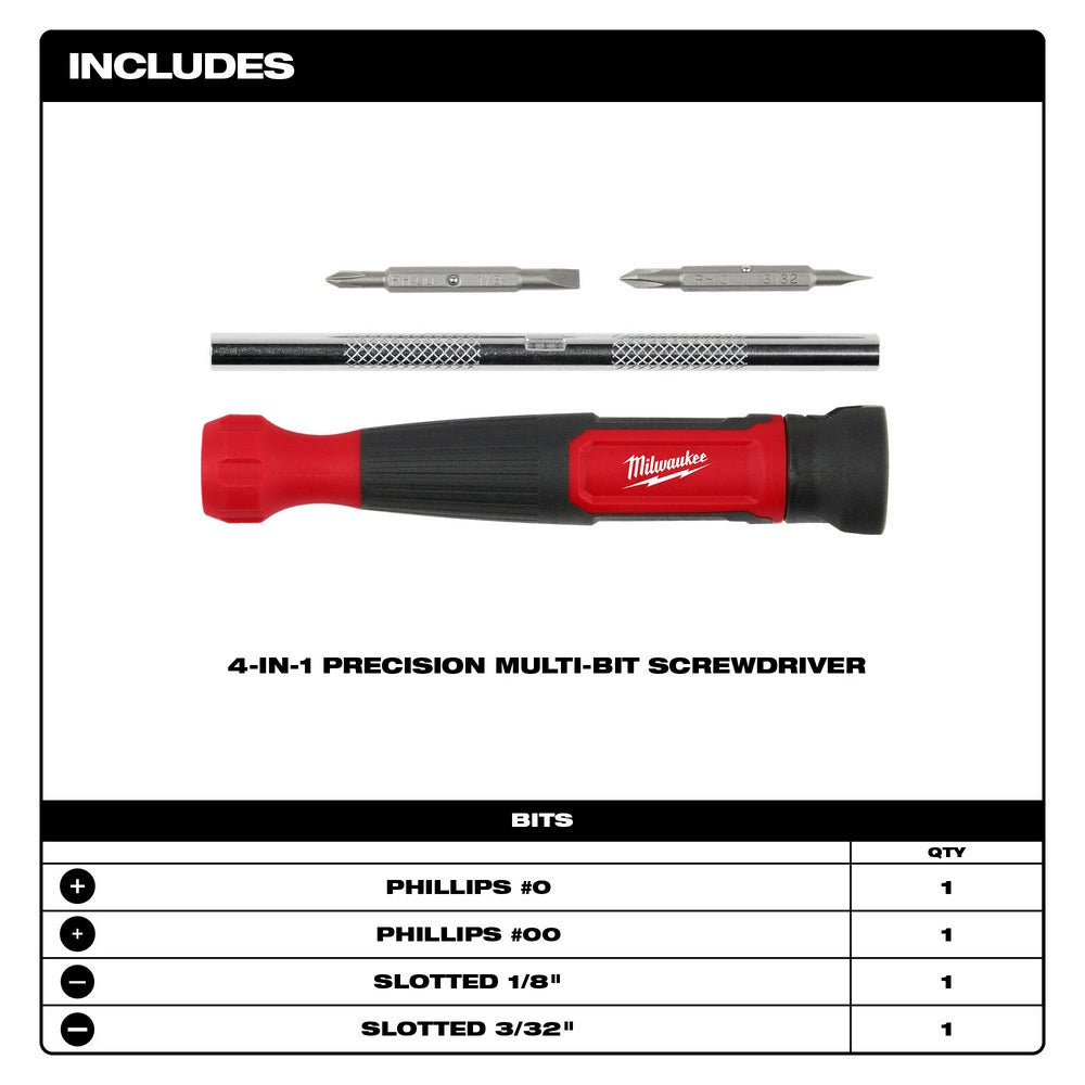 Red and black Milwaukee multi-bit screwdriver with four interchangeable bits: Phillips #0, Phillips #00, slotted 1/8", and sl