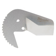 Milwaukee stainless steel replacement blade with serrated cutting edge and two mounting holes.
