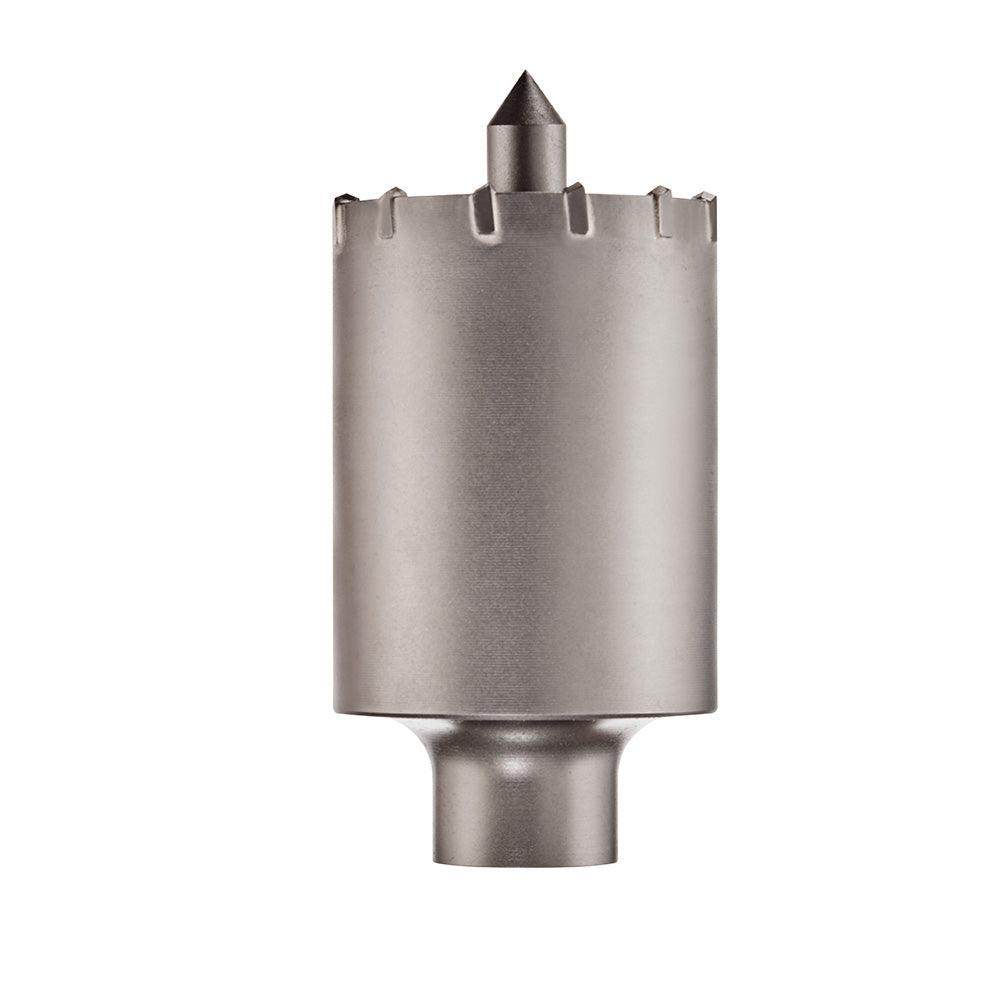 Milwaukee SDS-Plus core drill bit with cylindrical carbide body, pointed tip, and segmented crown edge.