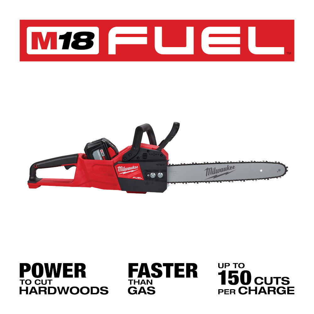 Milwaukee M18 FUEL cordless chainsaw with 16-inch bar in red and black.