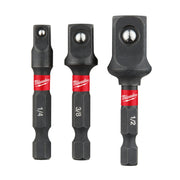 Three black Milwaukee hex shank socket adapters with red bands, labeled 1/4, 3/8, and 1/2 sizes.