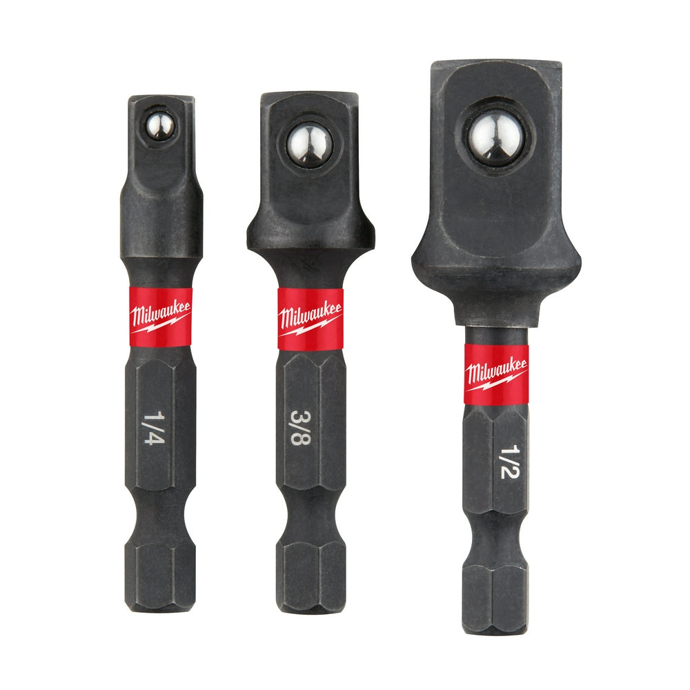Three black Milwaukee hex shank socket adapters with red bands, labeled 1/4, 3/8, and 1/2 sizes.