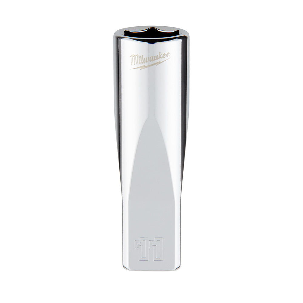 Milwaukee 1/4 inch drive 11mm metric 6-point deep socket with chrome finish and hexagonal opening.