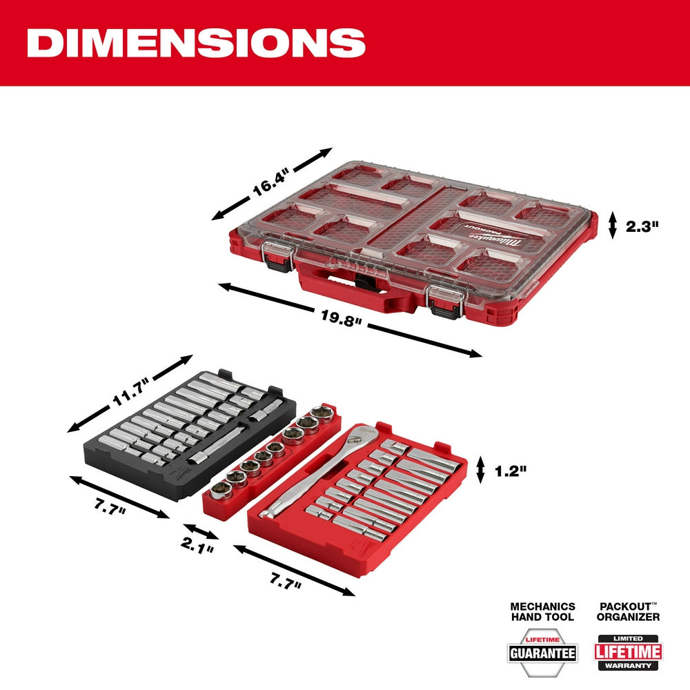 Red and black Packout organizer with socket set components displayed showing dimensions and compartments.