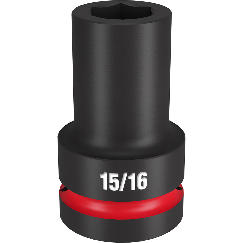 Black 1-inch drive deep socket with 6-point opening, 15/16-inch size, marked with red grip band.