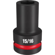 Black 1-inch drive deep socket with 6-point opening, 15/16-inch size, marked with red grip band.