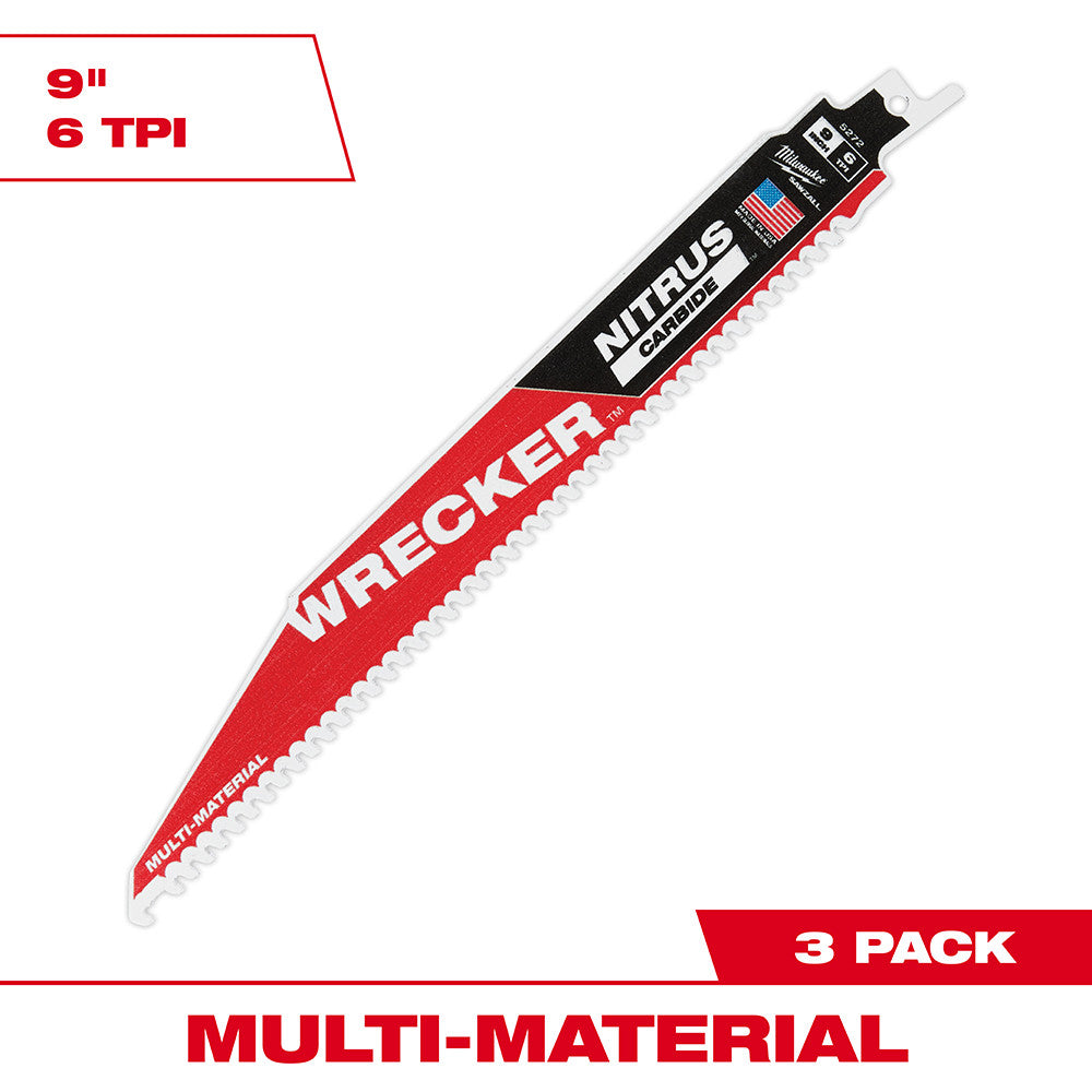 Milwaukee 9" WRECKER reciprocating saw blade with red handle and carbide-grit edge labeled 6 TPI.