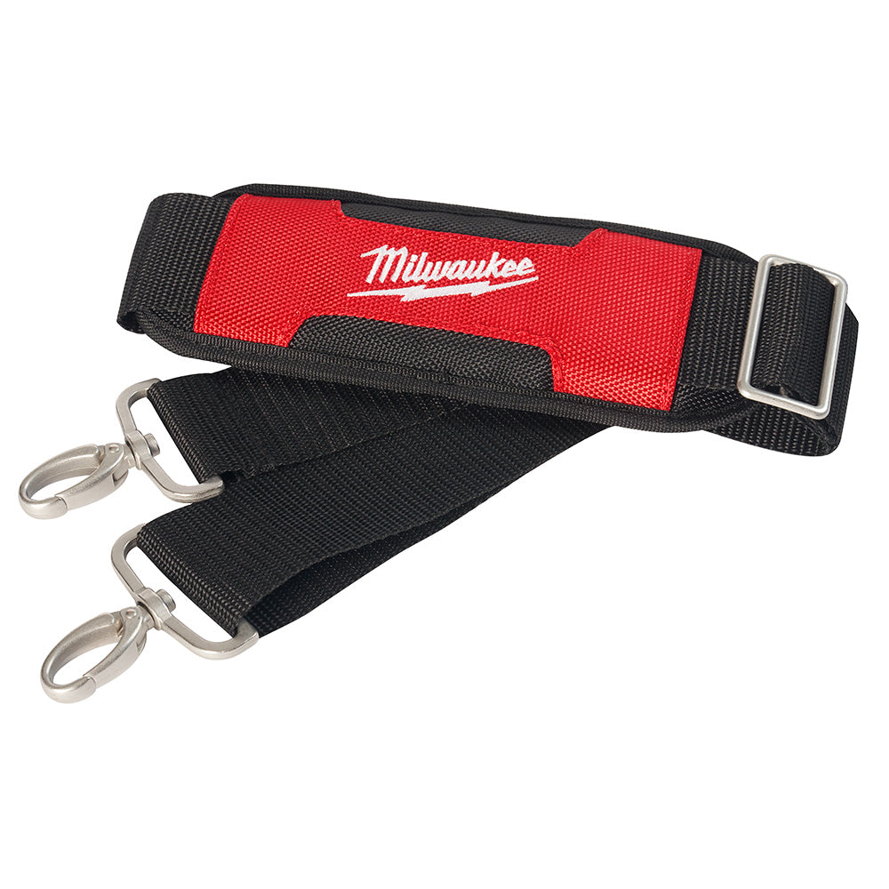 Black and red nylon carry strap with Milwaukee branding and metal carabiners on both ends.