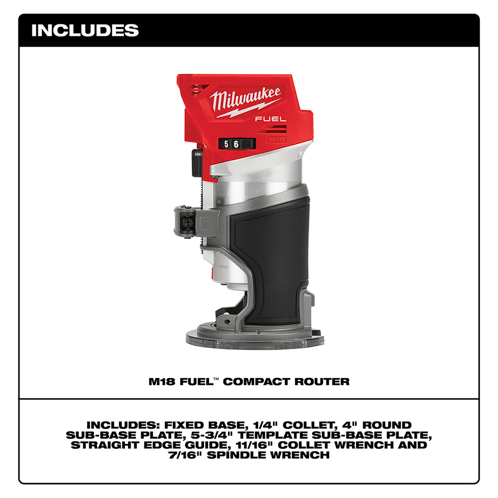 Red and black Milwaukee M18 FUEL compact router with fixed base, collet, sub-base plates, edge guide, and wrenches.