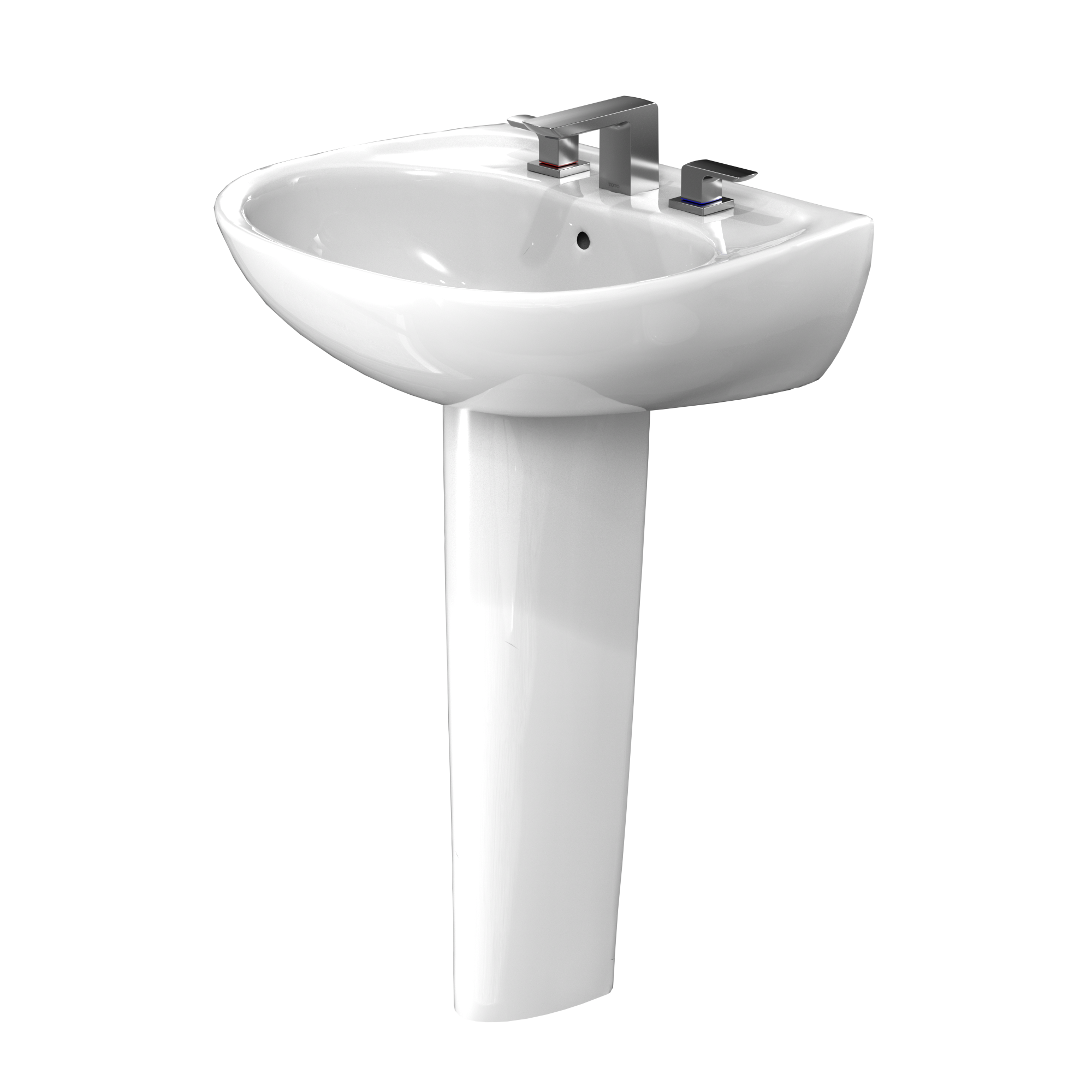 White oval pedestal sink with chrome faucet fixtures and shroud mounted on cylindrical pedestal base.