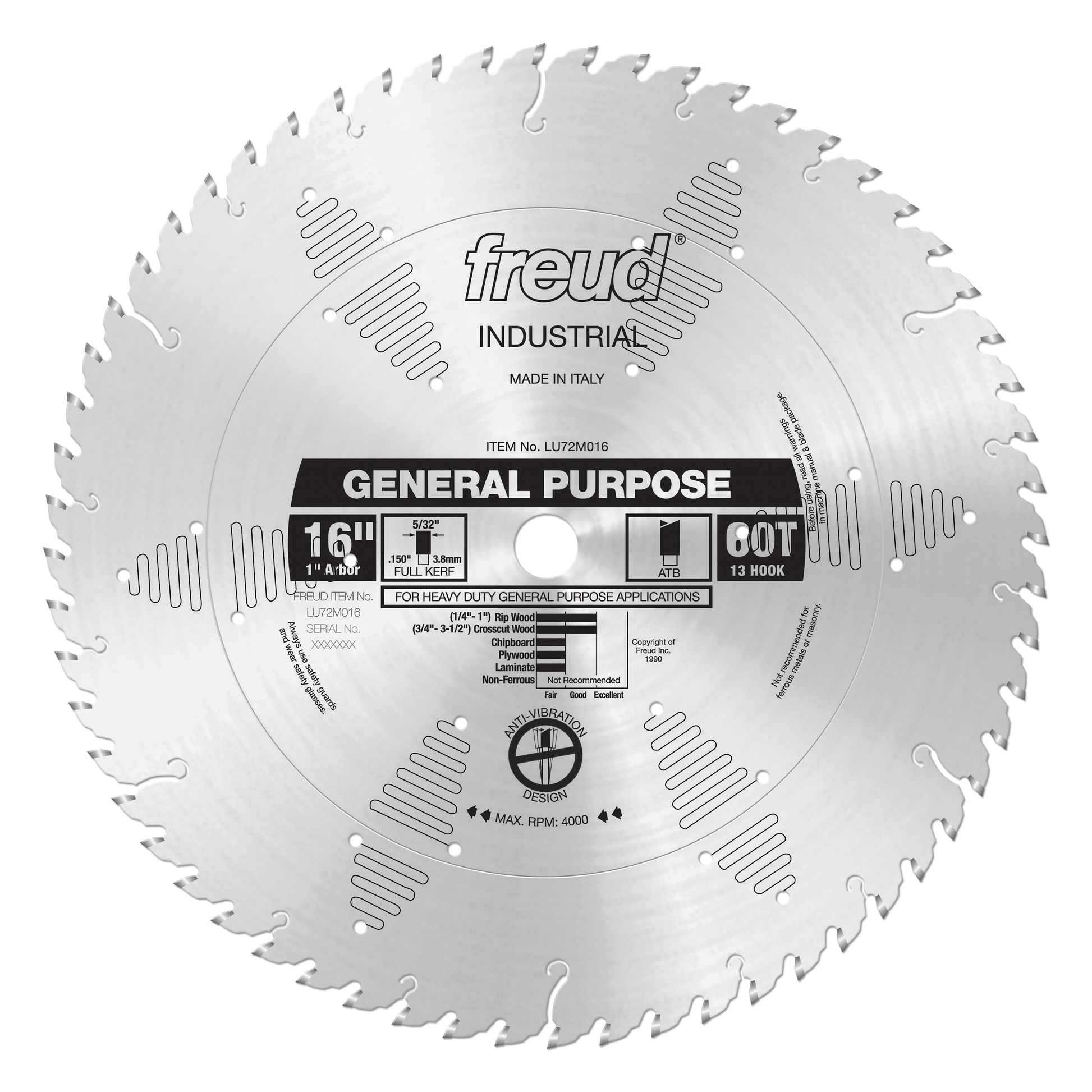 Freud 16" circular saw blade with 60 teeth, made in Italy, for general purpose cutting of wood and composite materials.