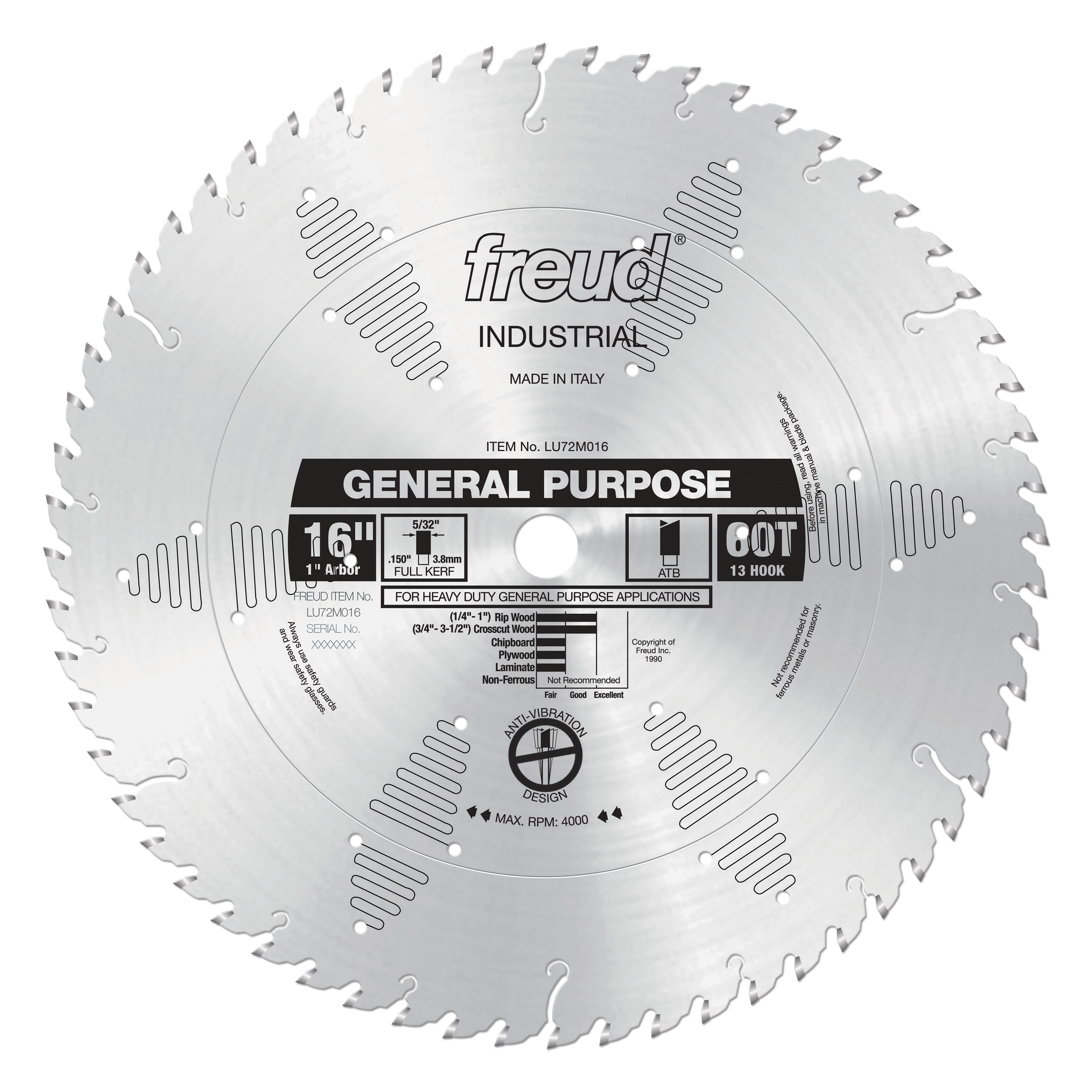 Freud 16" circular saw blade with 60 teeth, made in Italy, for general purpose cutting of wood and composite materials.