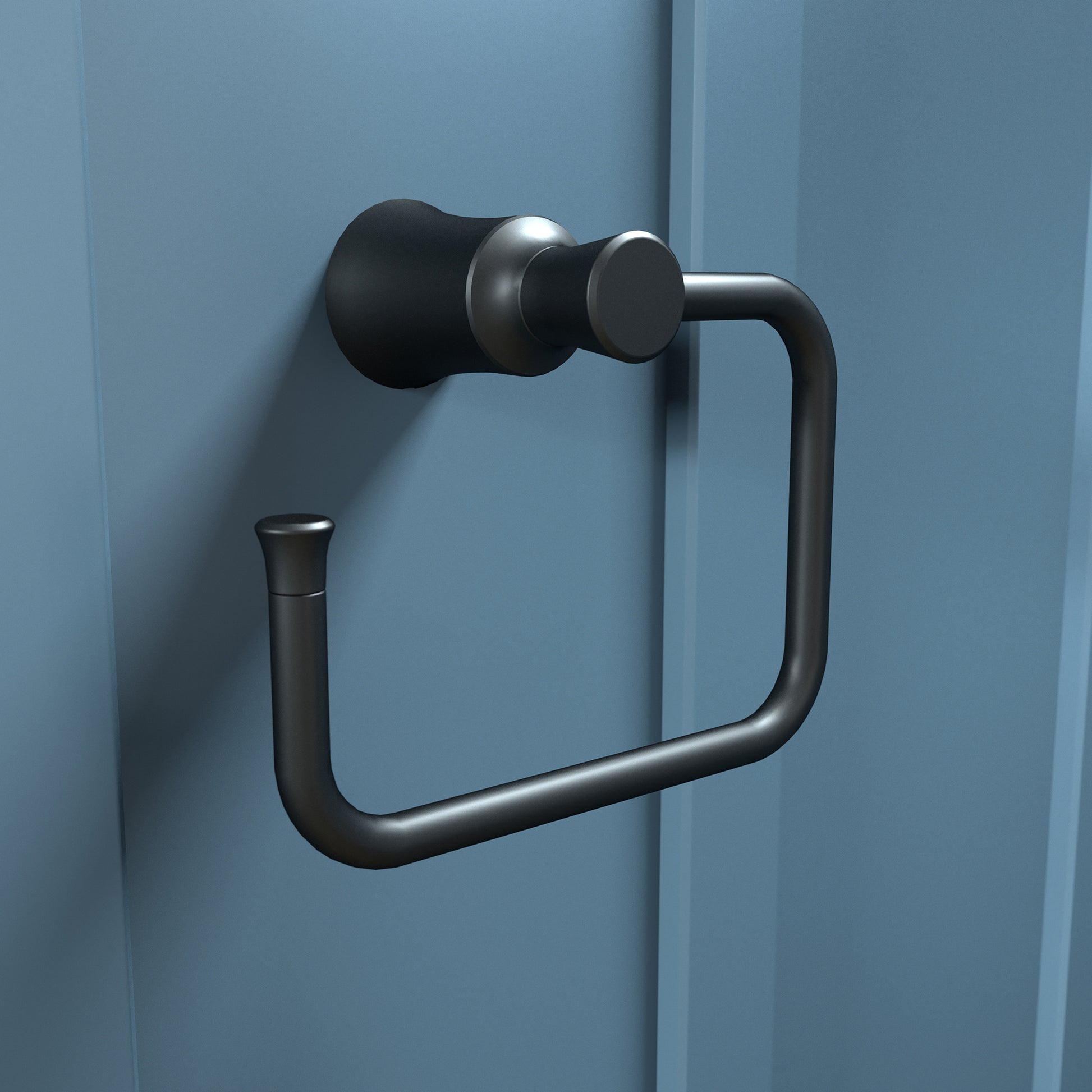 Matte black towel ring with cylindrical mounting bracket and curved rectangular loop mounted on blue wall.