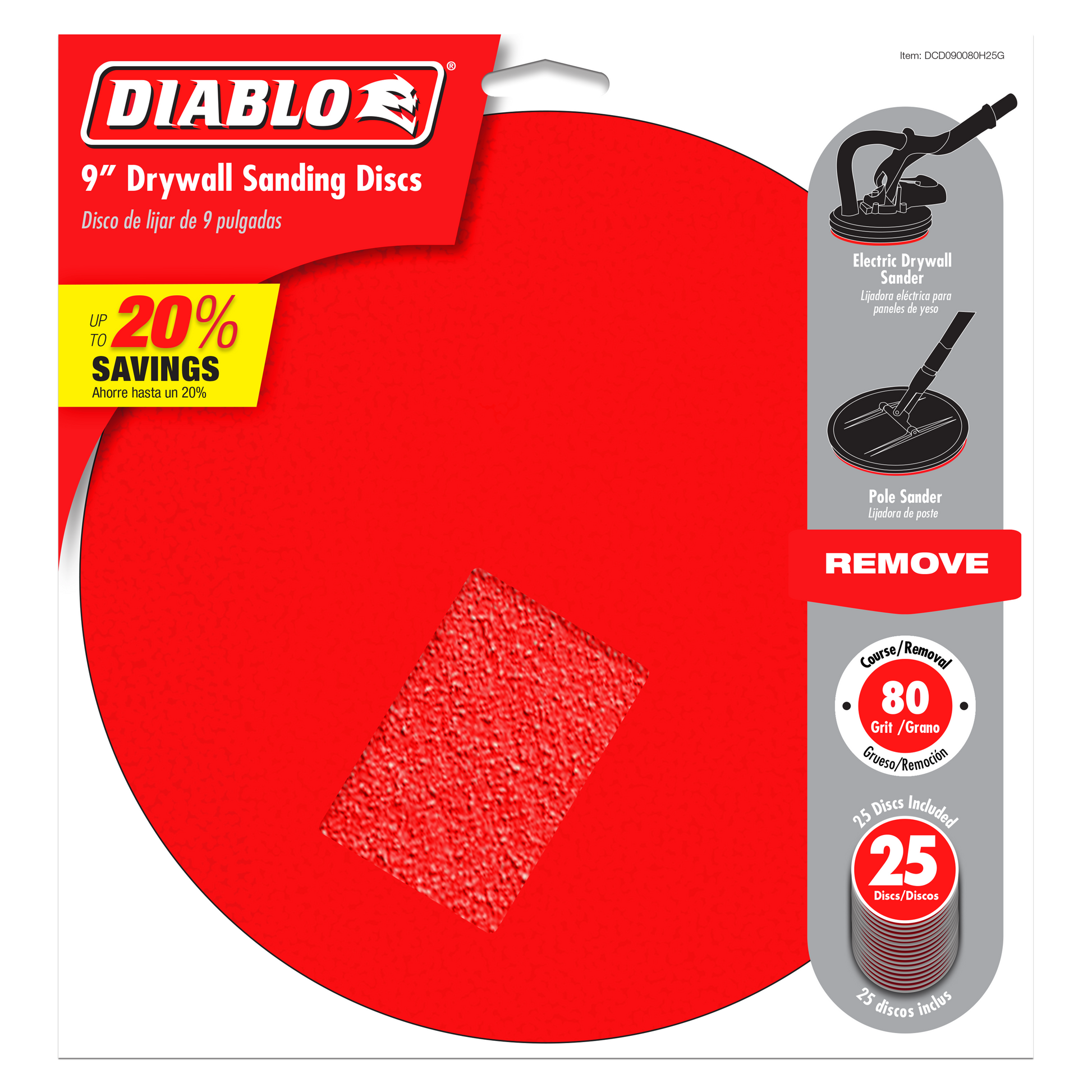 Package of 25 Diablo 9-inch 80-grit hook and loop drywall sanding discs with coarse texture surface.