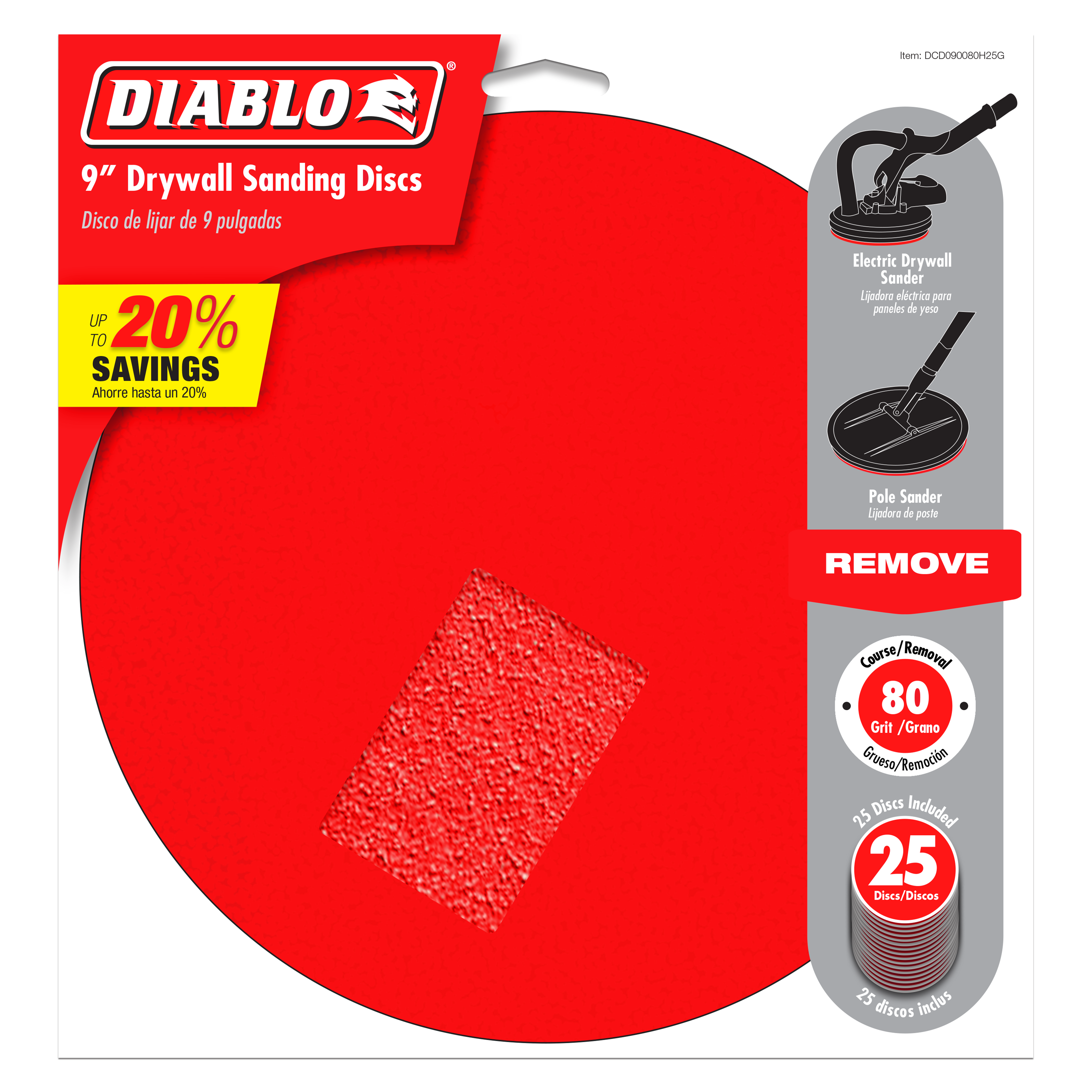 Package of 25 Diablo 9-inch 80-grit hook and loop drywall sanding discs with coarse texture surface.