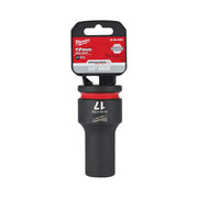 Milwaukee Shockwave 17mm deep socket with 3/4" drive, black with red band and retail packaging.