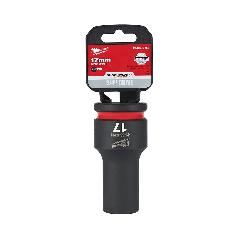 Milwaukee Shockwave 17mm deep socket with 3/4" drive, black with red band and retail packaging.