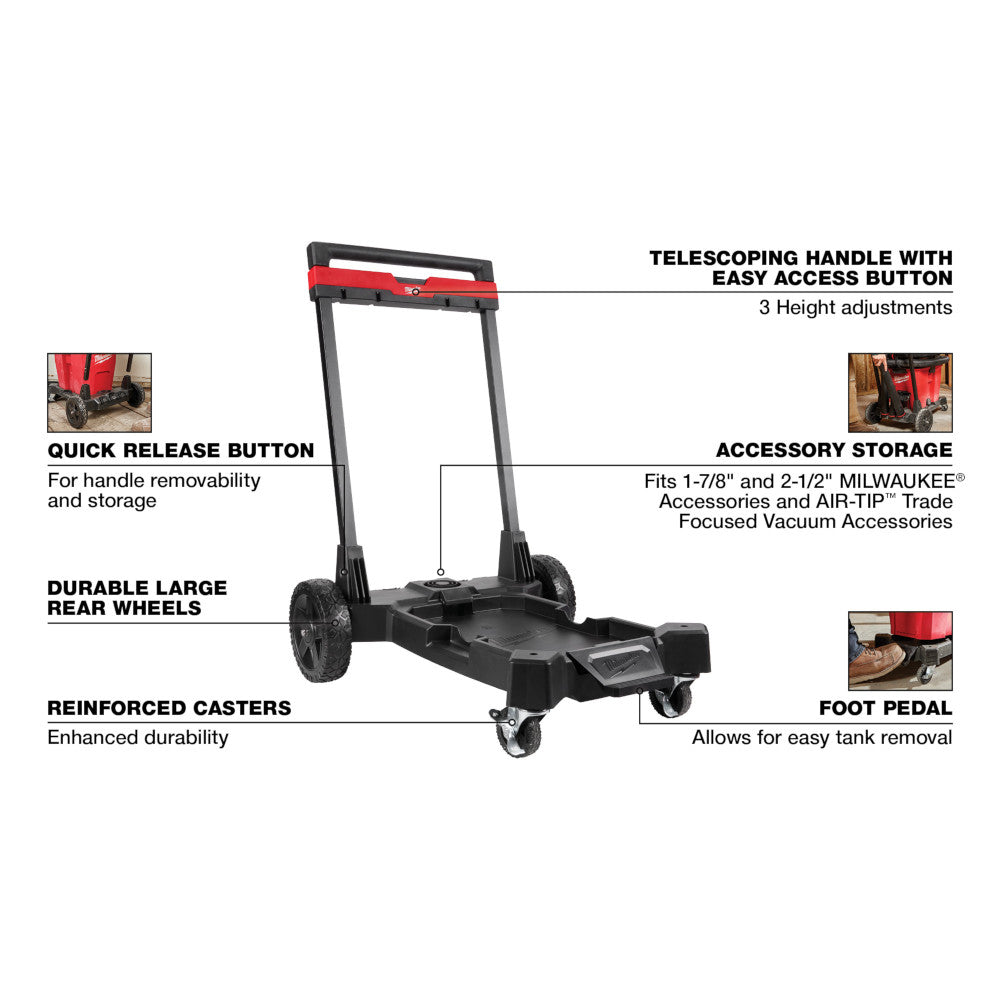 Red and black wet/dry vacuum cart with telescoping handle, large rear wheels, casters, and accessory storage compartment.