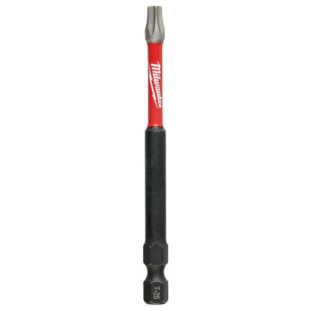 Milwaukee Shockwave T27 Torx impact power bit with red and black shaft, 3-1/2 inches long.