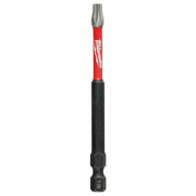 Milwaukee Shockwave T27 Torx impact power bit with red and black shaft, 3-1/2 inches long.