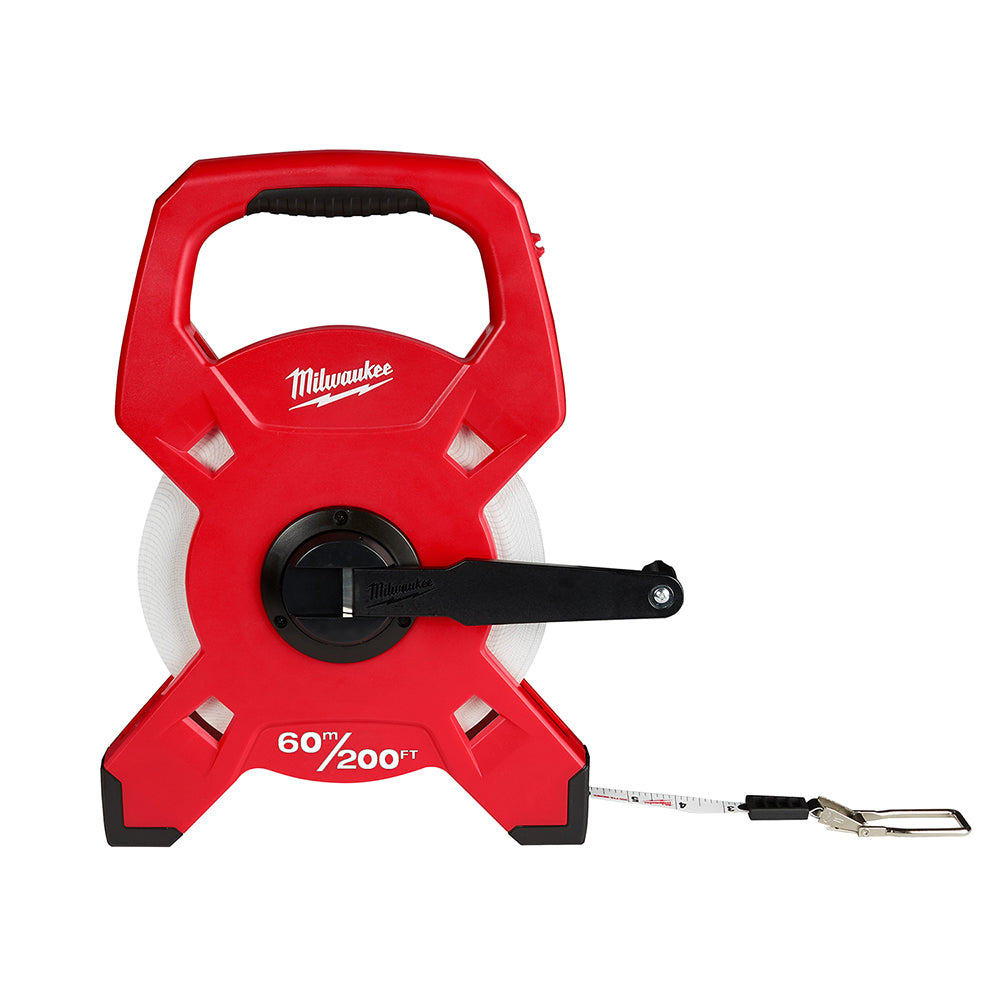 Red and black fiberglass open reel tape measure with 60m/200' capacity and black crank handle.