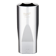 Polished chrome Milwaukee deep socket with 1/2" drive and 27mm opening, displaying brand logo and model number.