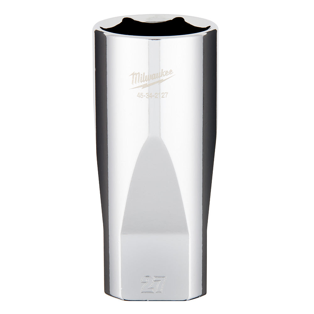 Polished chrome Milwaukee deep socket with 1/2" drive and 27mm opening, displaying brand logo and model number.