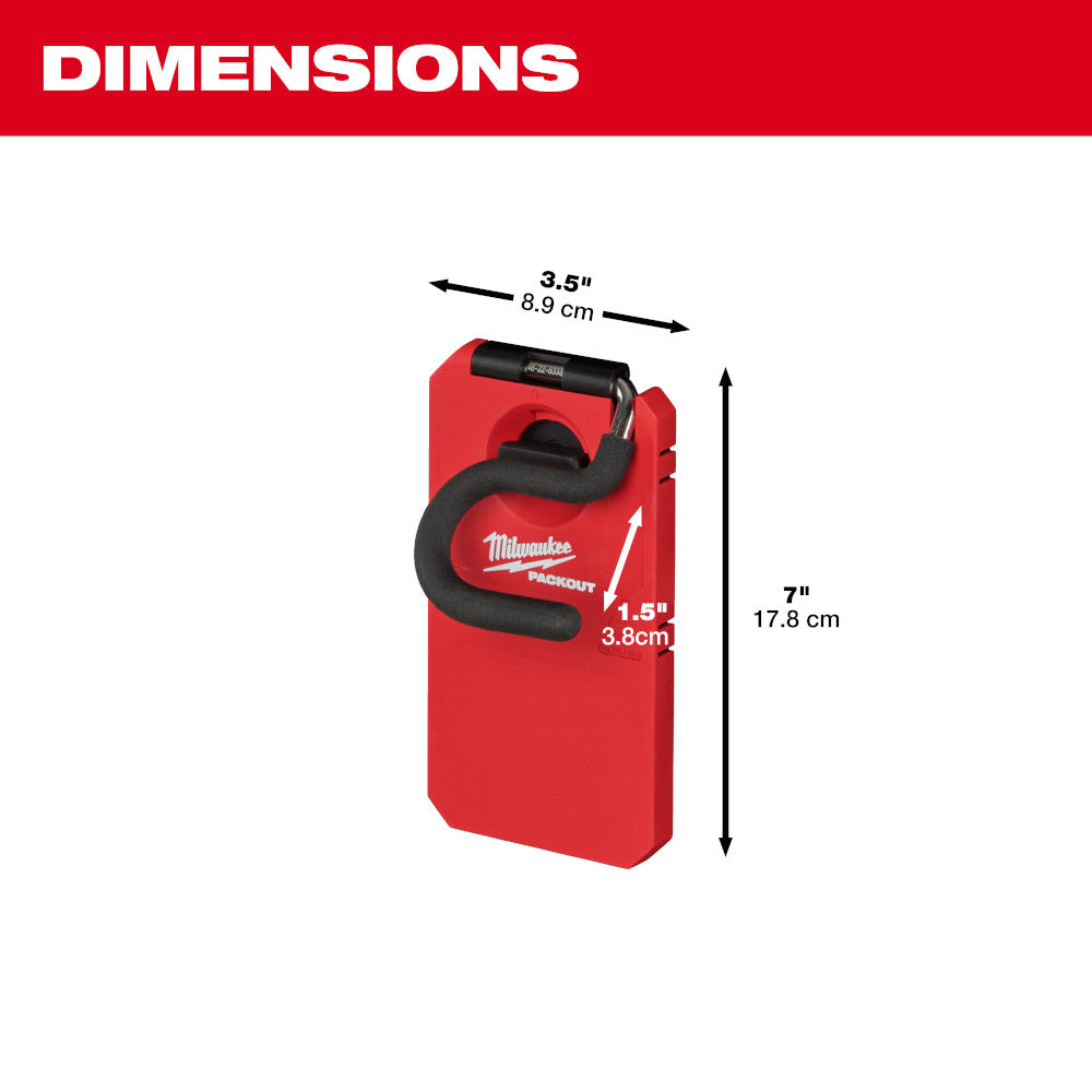 Red PACKOUT S-hook with black rubberized grip attached to red mounting base, shown with dimensions.