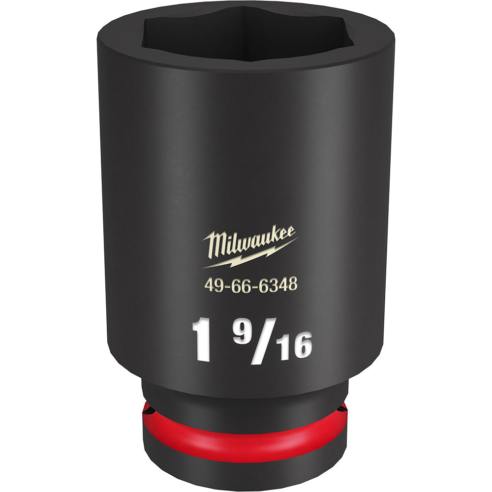 Black Milwaukee deep socket with 1 9/16" size marking, 3/4" drive, red grip band at base.