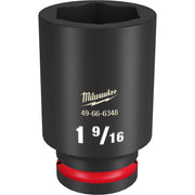 Black Milwaukee deep socket with 1 9/16" size marking, 3/4" drive, red grip band at base.