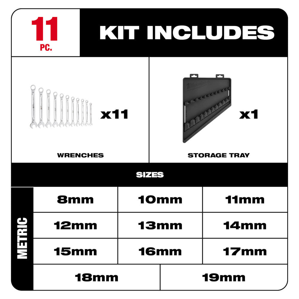 Eleven metric combination wrenches ranging from 8mm to 19mm with black storage tray.