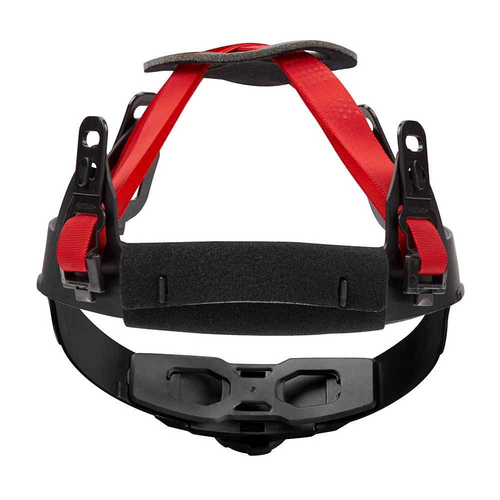 Black and red tool suspension harness with padded shoulder straps, ratcheting side clips, and foam-lined waist belt.