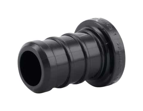Black plastic 1/2" poly crimp plug with ribbed grip ring and open end socket.