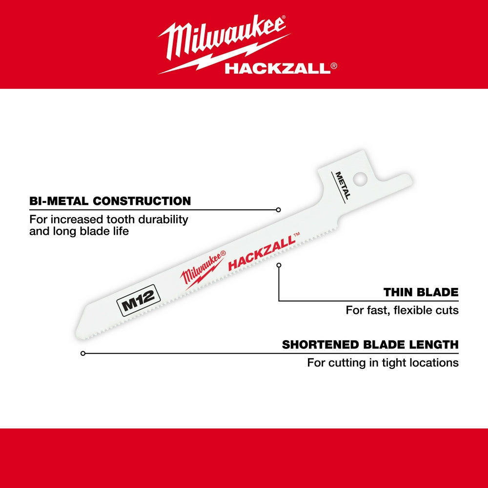Milwaukee M12 HACKZALL bi-metal reciprocating saw blade with serrated edge and shortened length design.