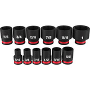 Twelve black impact sockets with red bands arranged in two rows, labeled with SAE sizes from 5/16 to 1 inch.